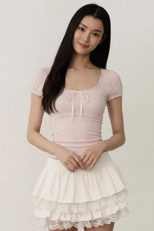 Pink Lace Puff Sleeve Top