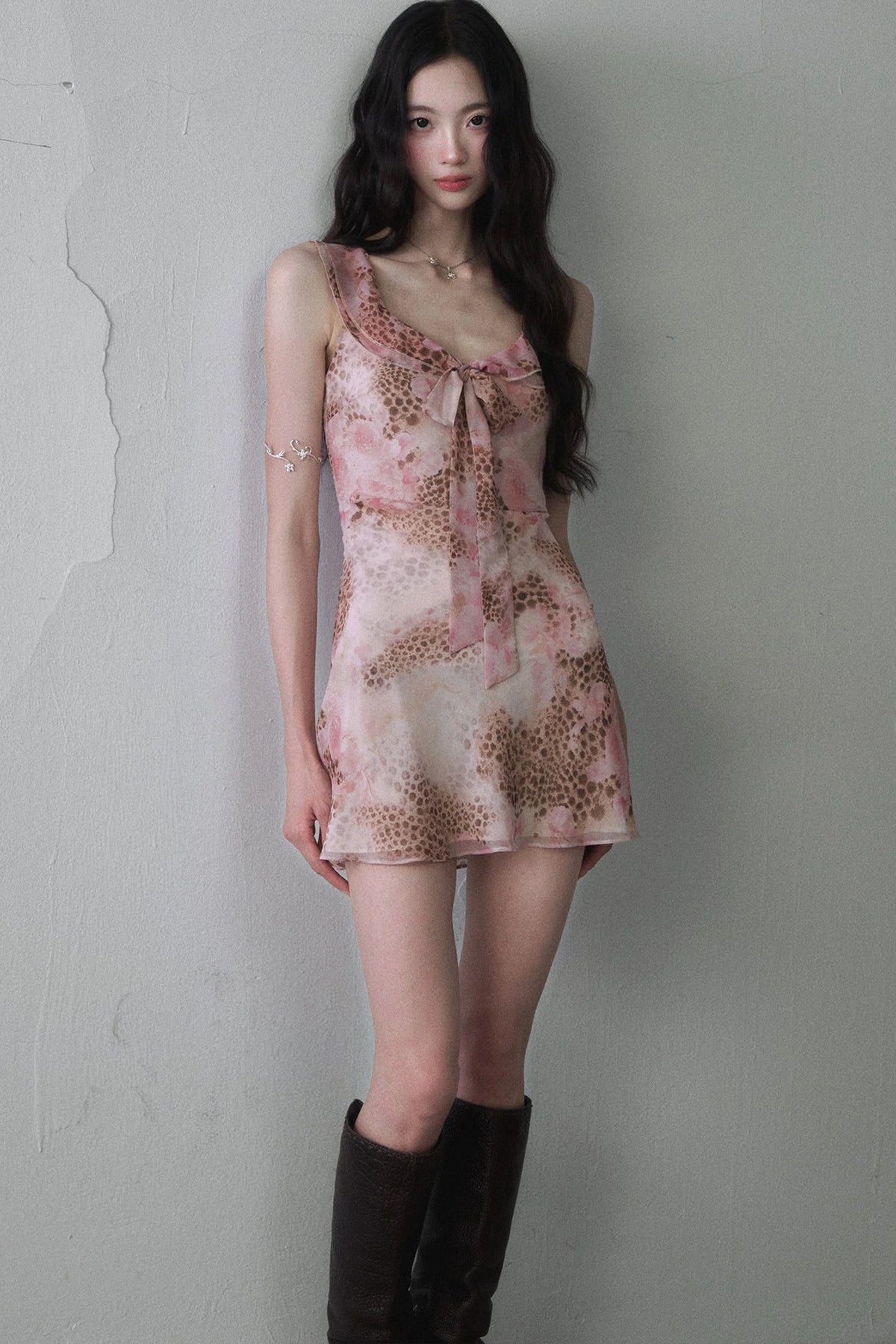 Pink Leopard Print Bow Tie Mini Dress
