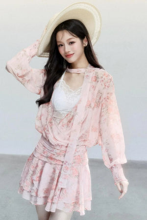 Pink Mist Chiffon Floral Dress Set-Up