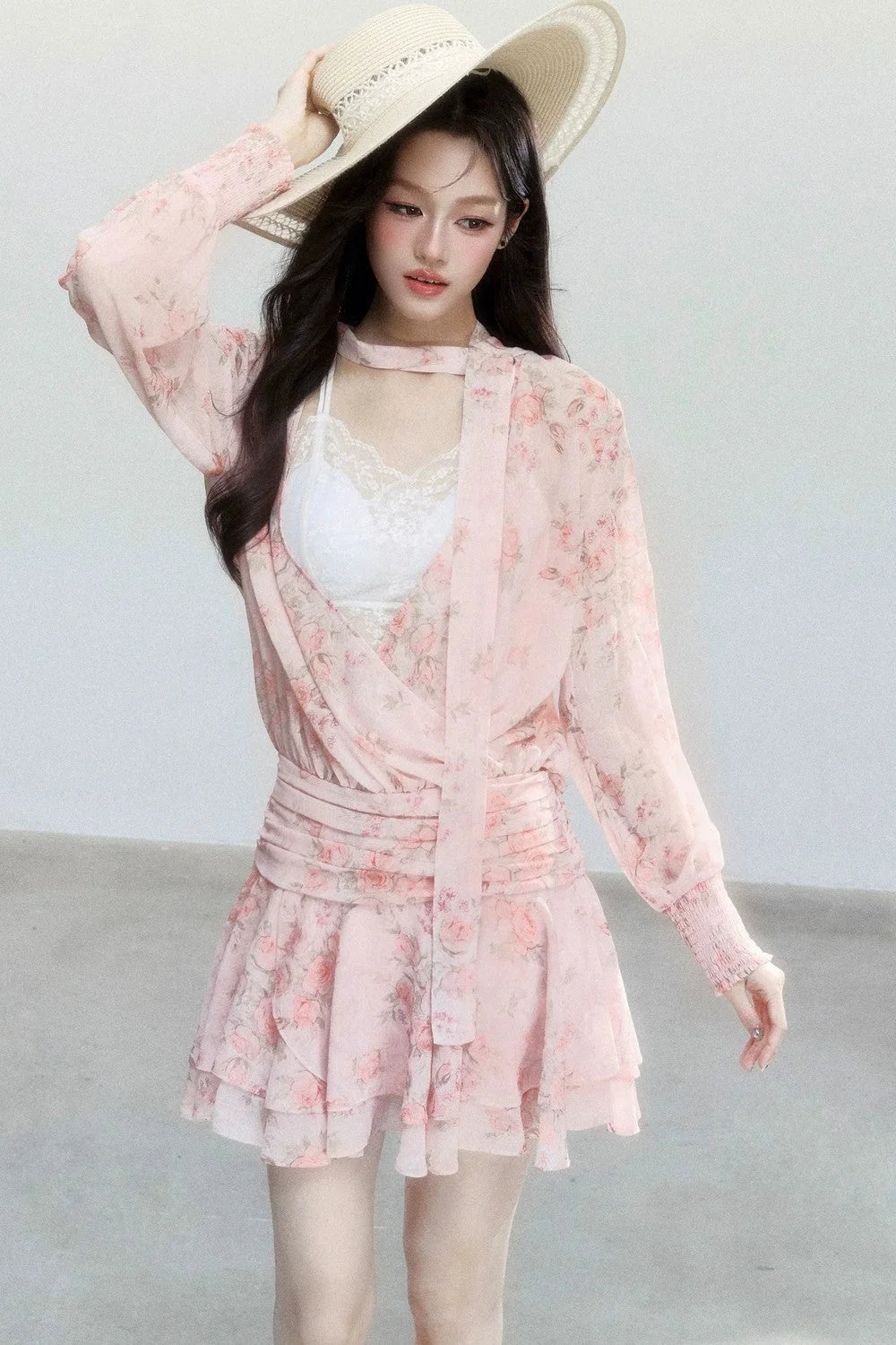Pink Mist Chiffon Floral Dress Set-Up