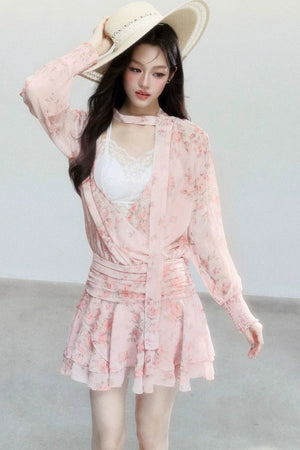 Pink Mist Chiffon Floral Dress Set-Up