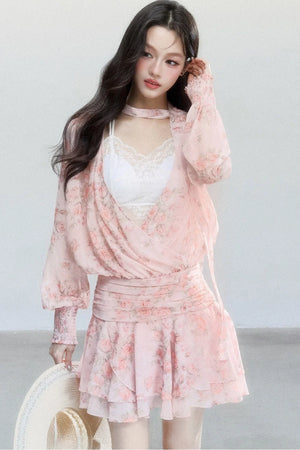 Pink Mist Chiffon Floral Dress Set-Up
