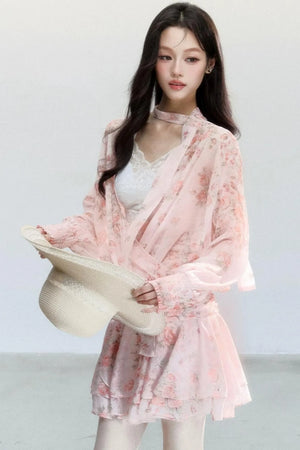 Pink Mist Chiffon Floral Dress Set-Up