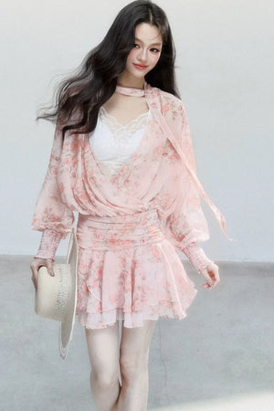 Pink Mist Chiffon Floral Dress Set-Up