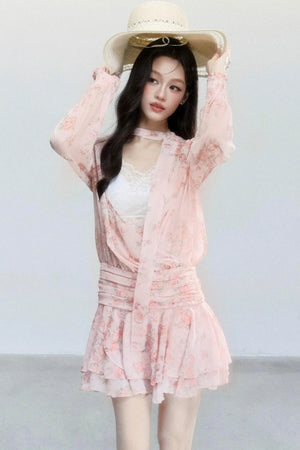 Pink Mist Chiffon Floral Dress Set-Up