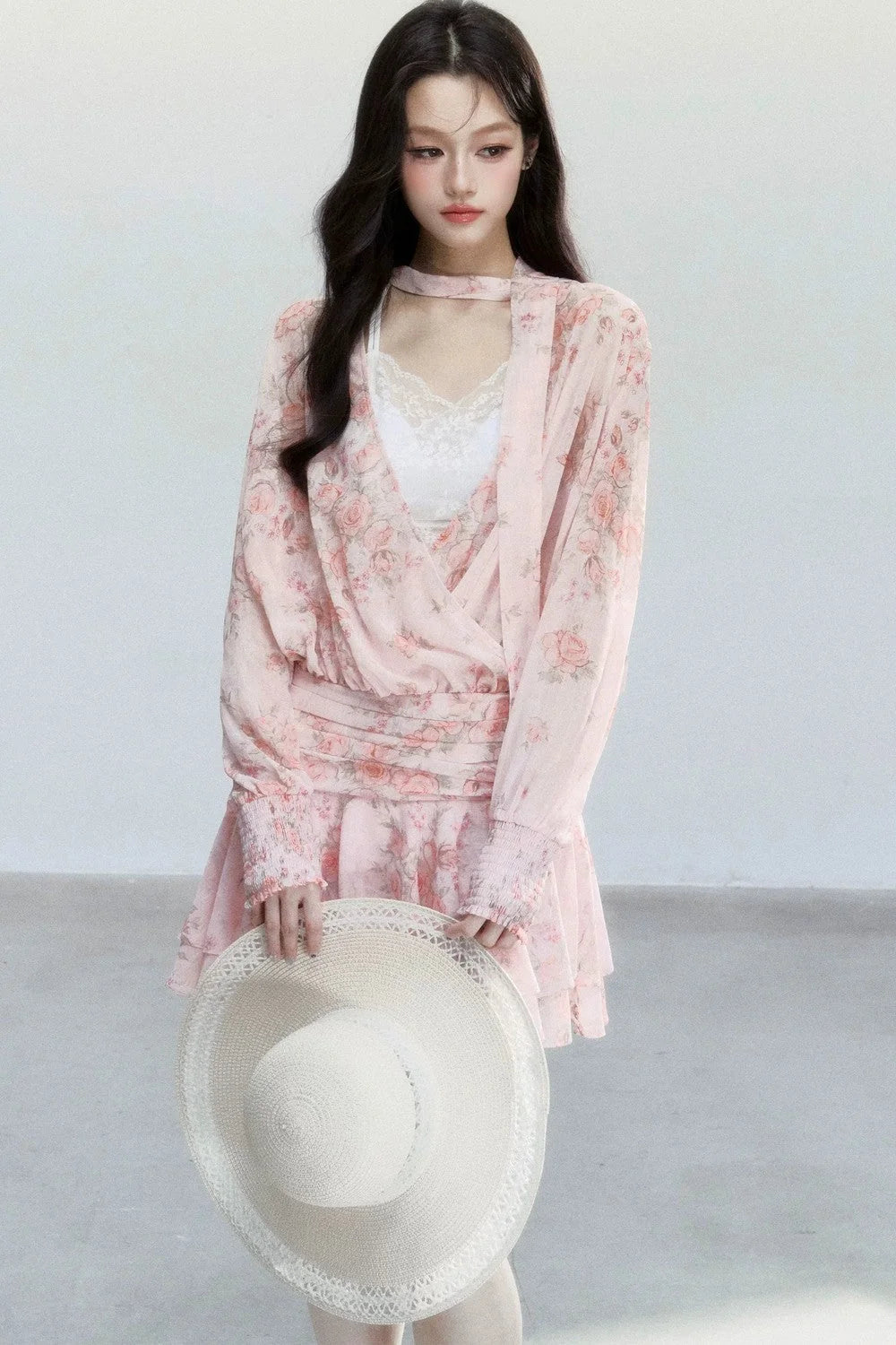 Pink Mist Chiffon Floral Dress Set-Up