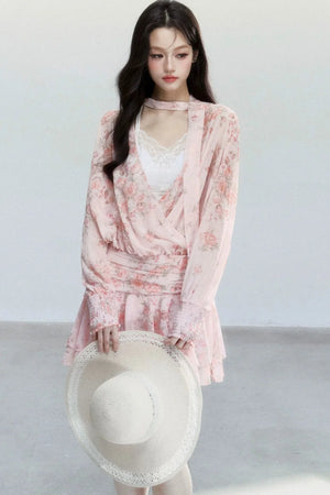 Pink Mist Chiffon Floral Dress Set-Up