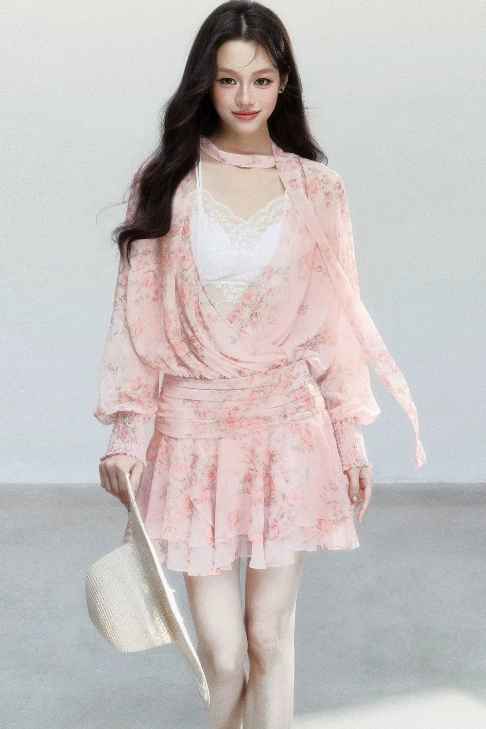 Pink Mist Chiffon Floral Dress Set-Up