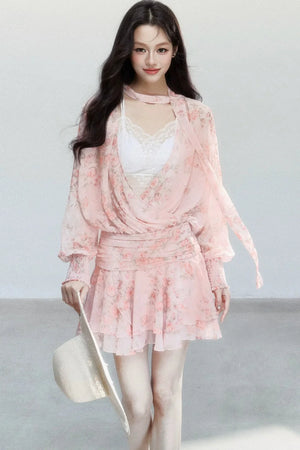 Pink Mist Chiffon Floral Dress Set-Up