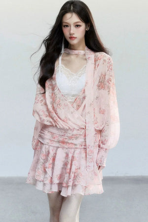 Pink Mist Chiffon Floral Dress Set-Up