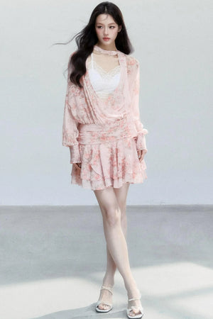 Pink Mist Chiffon Floral Dress Set-Up