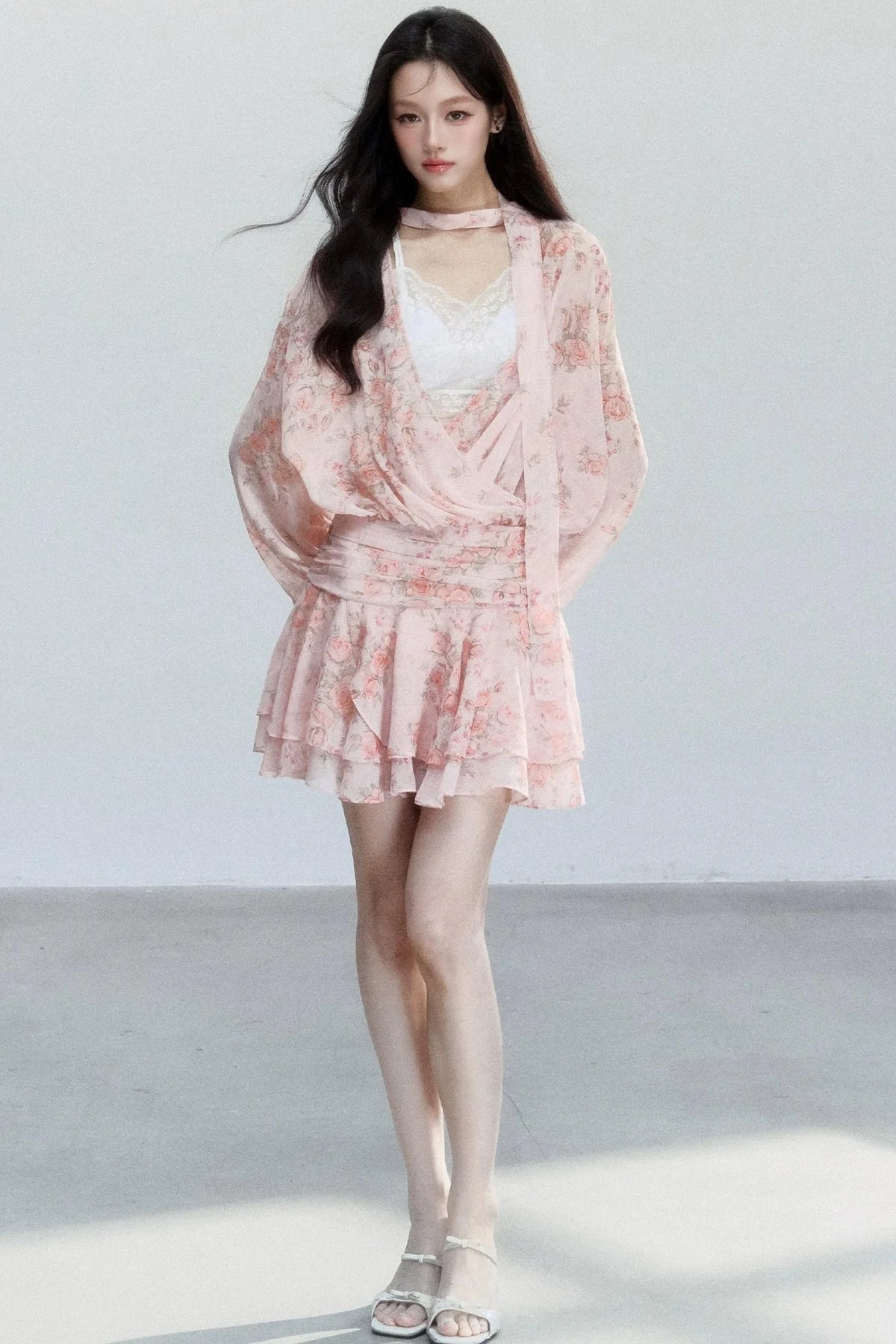 Pink Mist Chiffon Floral Dress Set-Up