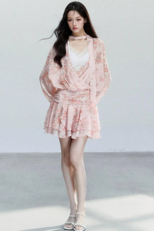 Pink Mist Chiffon Floral Dress Set-Up