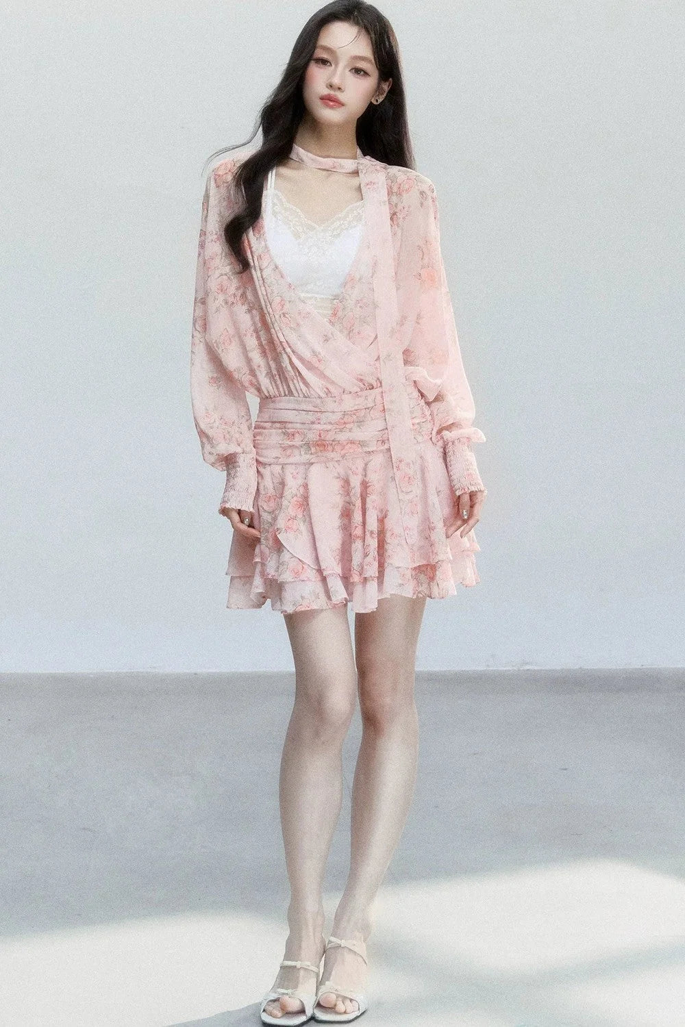 Pink Mist Chiffon Floral Dress Set-Up