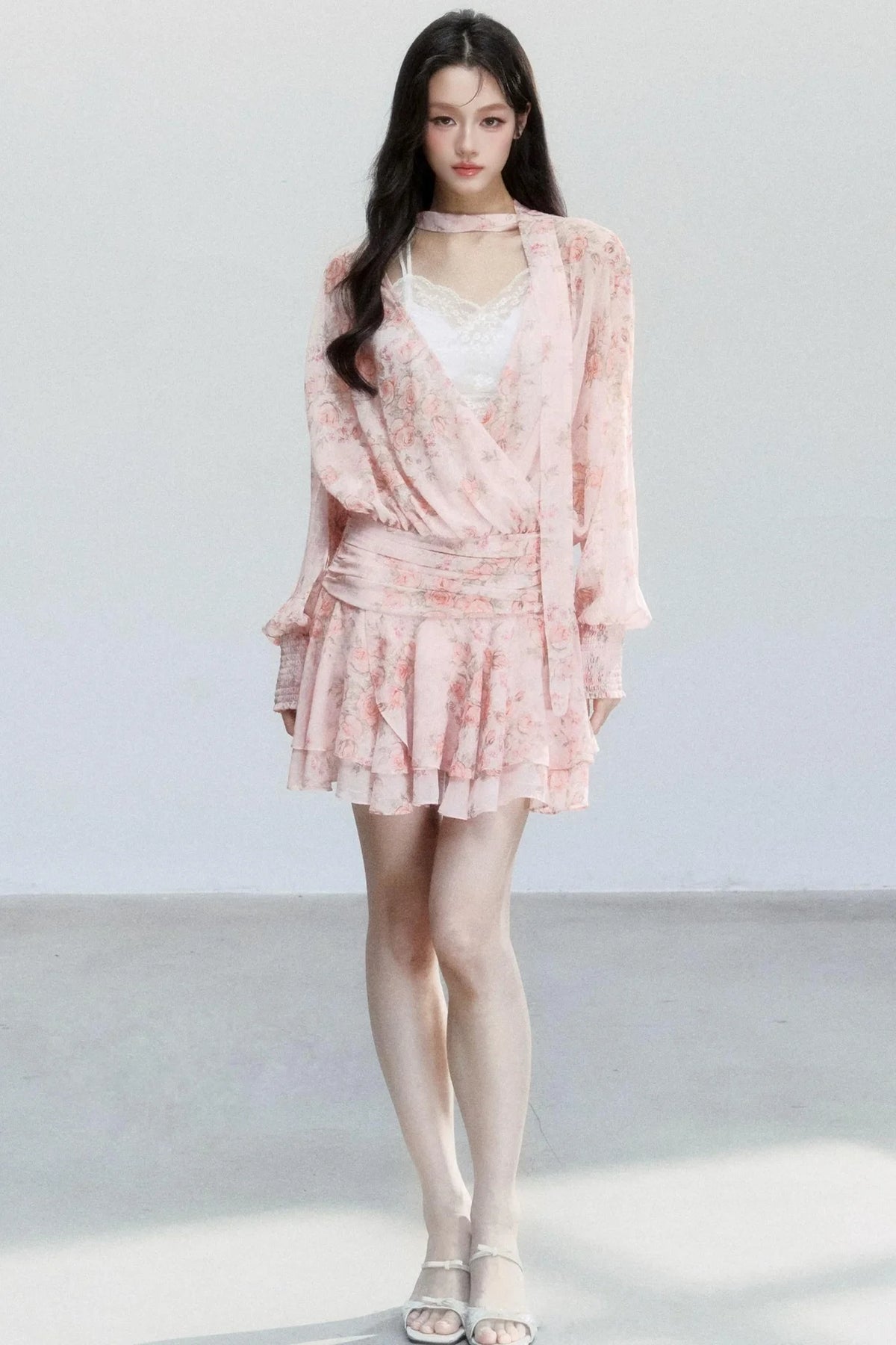 Pink Mist Chiffon Floral Dress Set-Up