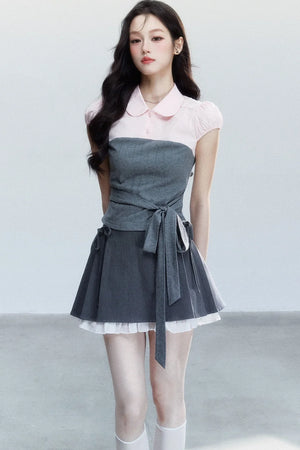 Pink Patchwork Tie-Up Blouse Set-Up
