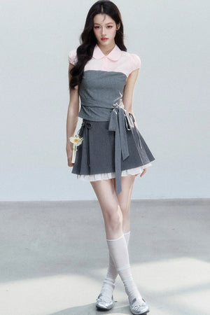 Pink Patchwork Tie-Up Blouse Set-Up