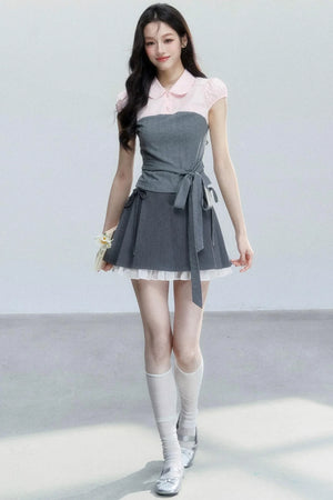 Pink Patchwork Tie-Up Blouse Set-Up
