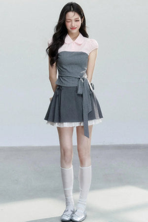 Pink Patchwork Tie-Up Blouse Set-Up