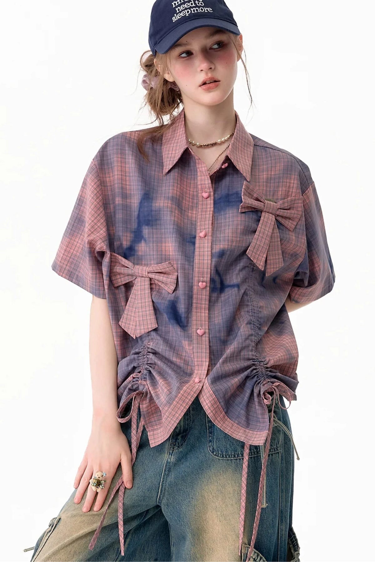 Pink Plaid Bow Drawstring Blouse