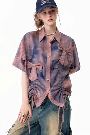 Pink Plaid Bow Drawstring Blouse