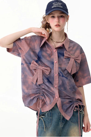 Pink Plaid Bow Drawstring Blouse