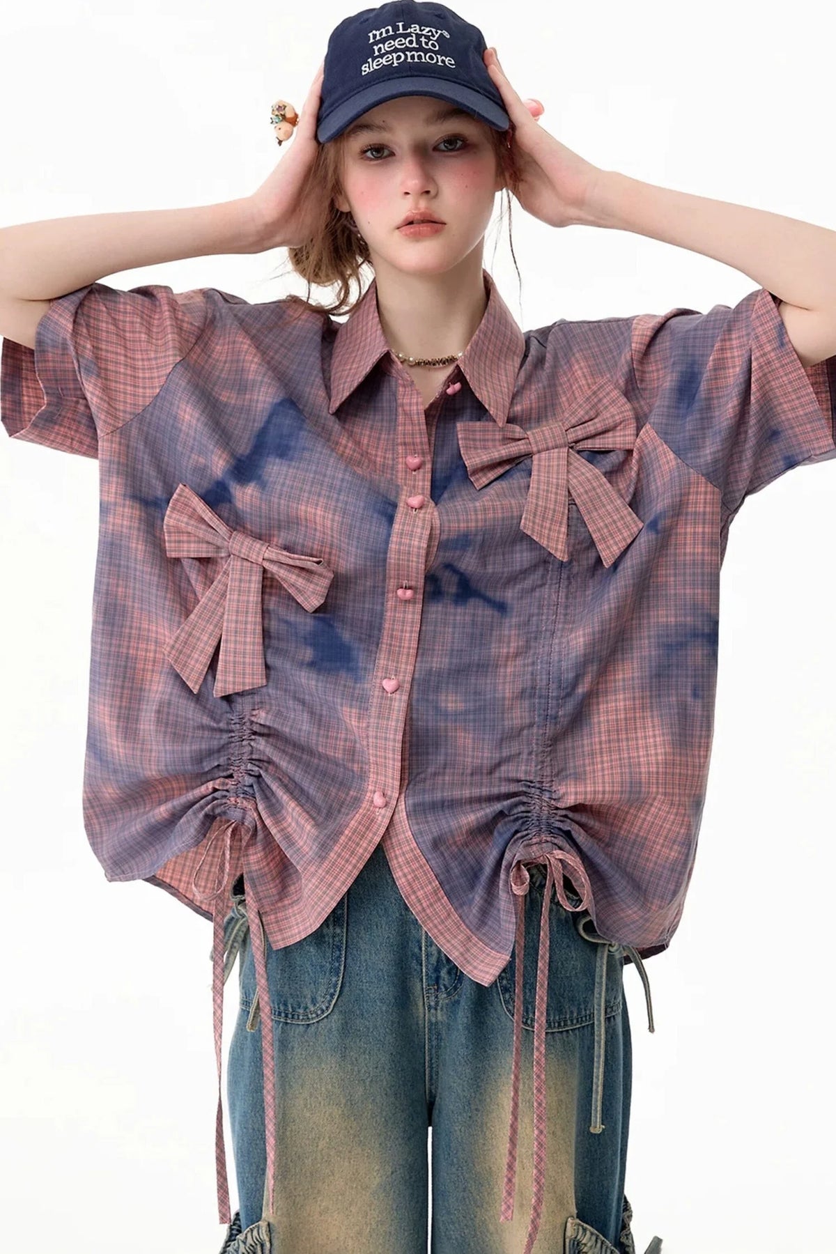 Pink Plaid Bow Drawstring Blouse