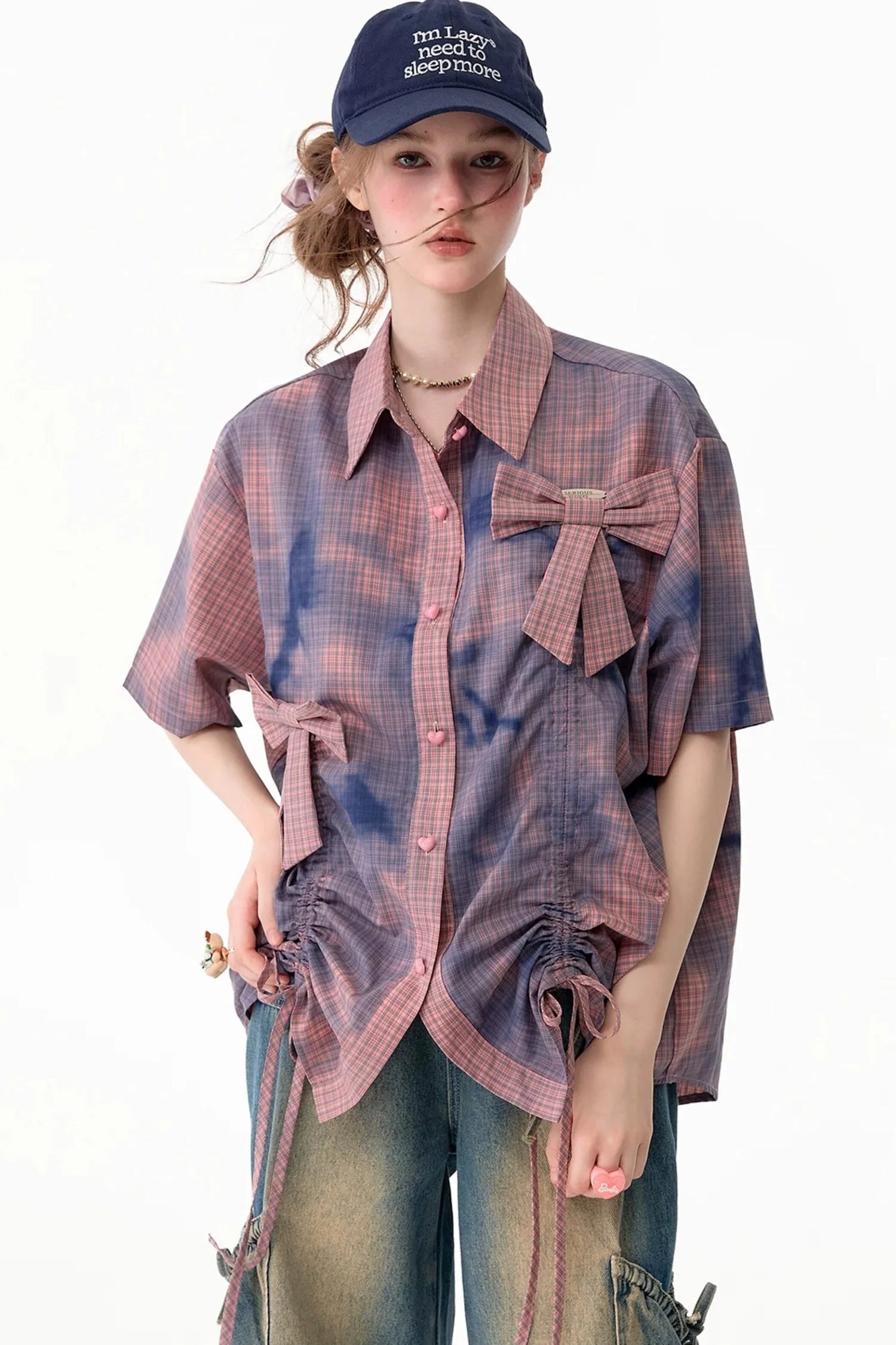 Pink Plaid Bow Drawstring Blouse