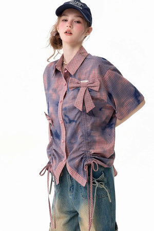 Pink Plaid Bow Drawstring Blouse