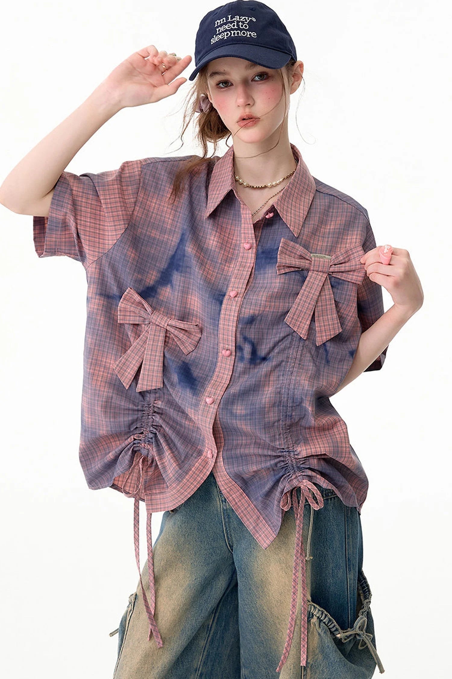 Pink Plaid Bow Drawstring Blouse