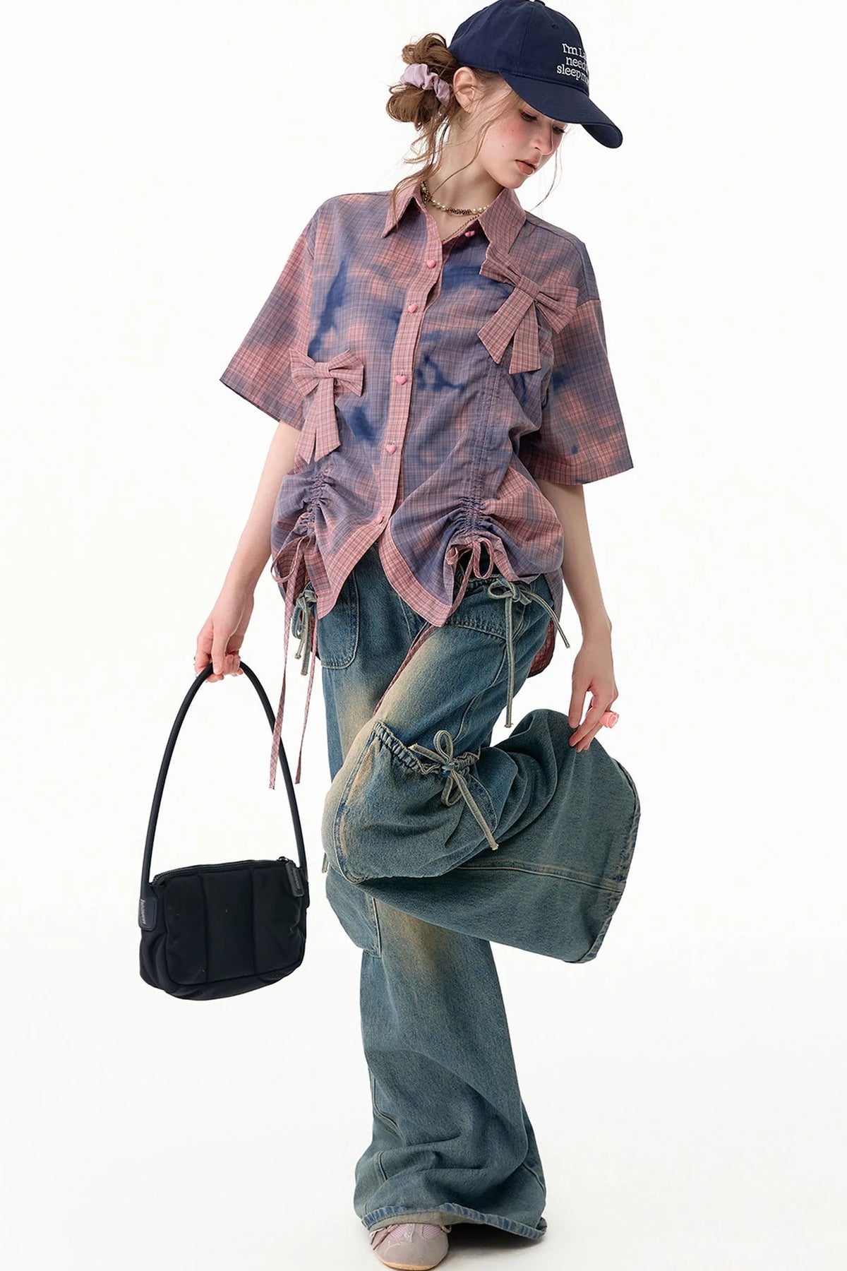 Pink Plaid Bow Drawstring Blouse