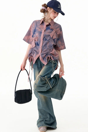 Pink Plaid Bow Drawstring Blouse