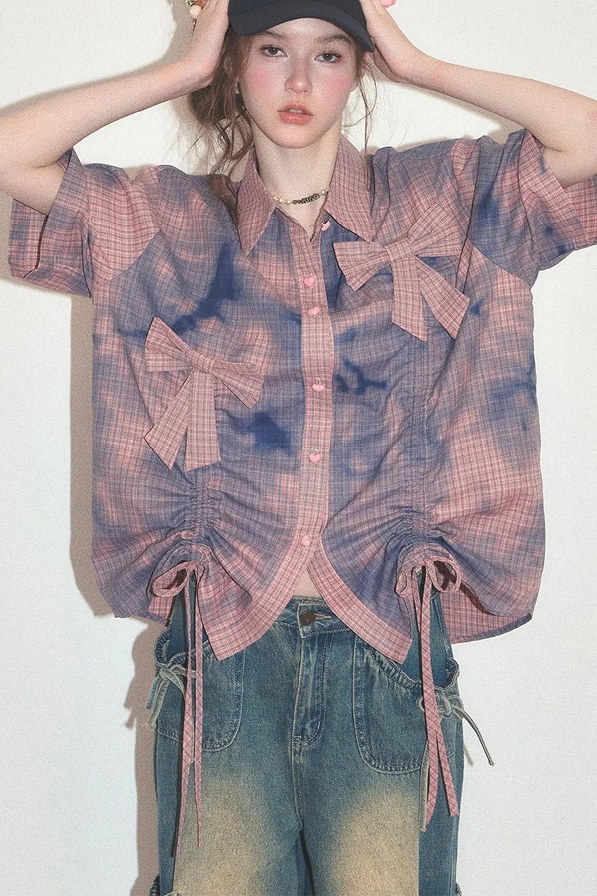 Pink Plaid Bow Drawstring Blouse