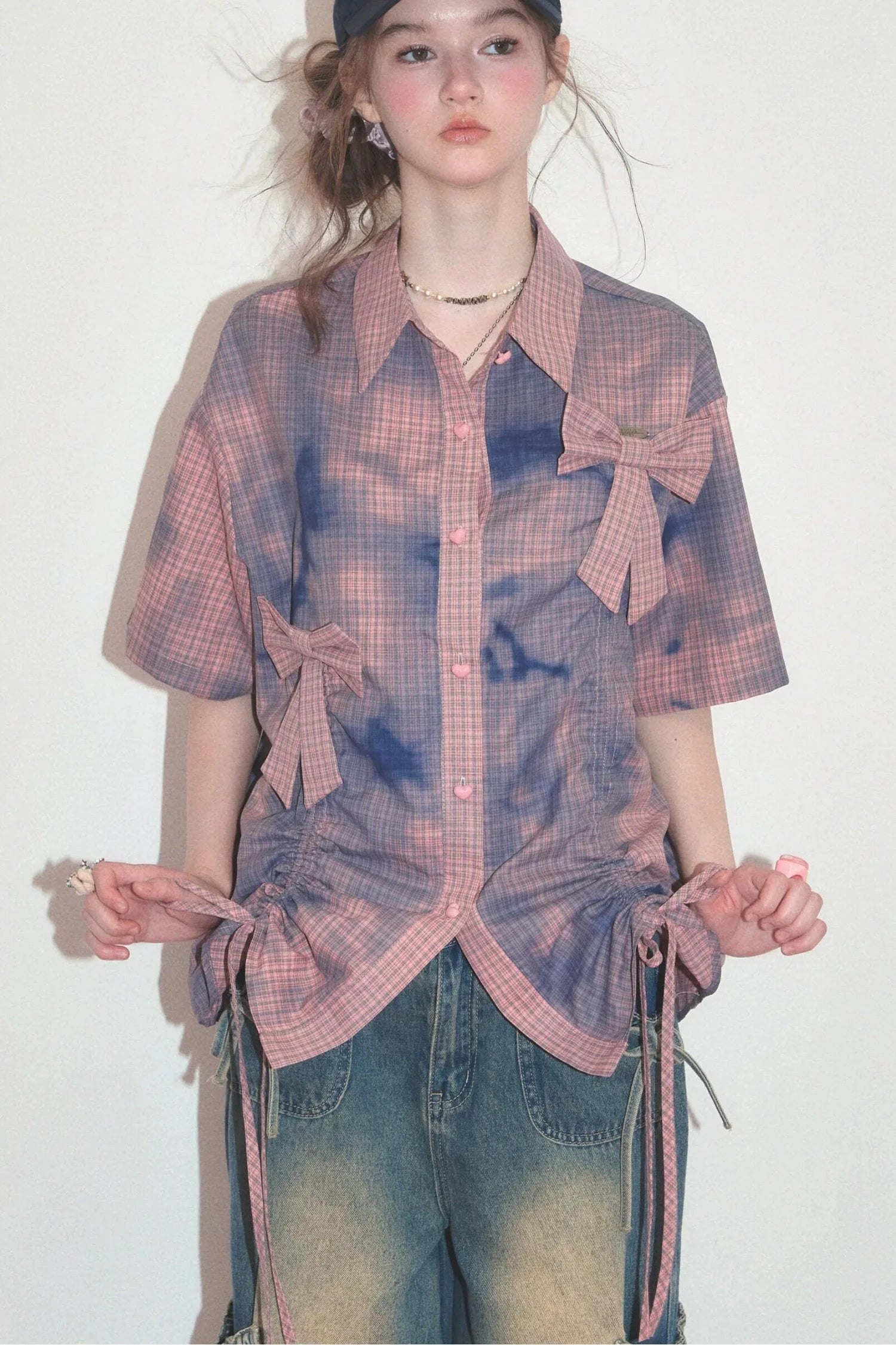 Pink Plaid Bow Drawstring Blouse