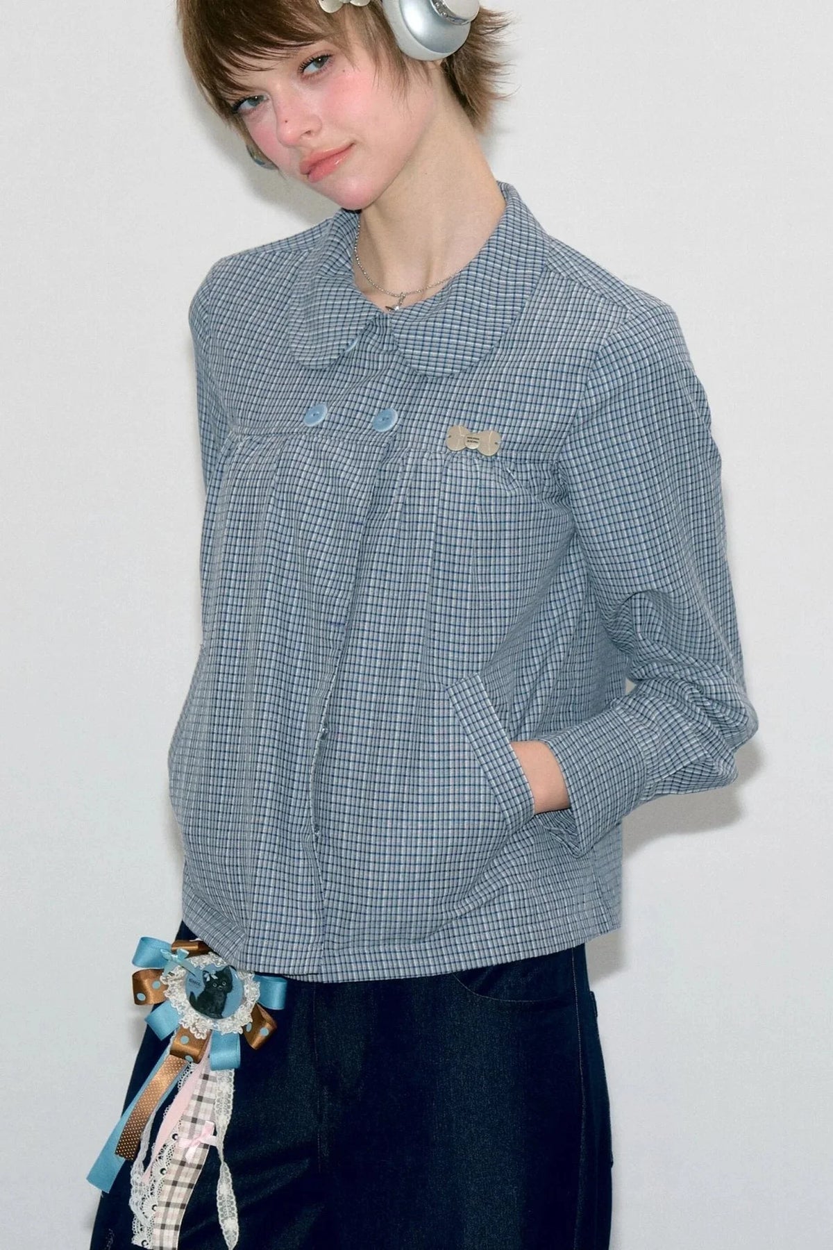 Pink Plaid Doll Collar Shirt