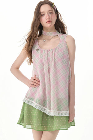 Pink Plaid Lace Trim Camisole Dress