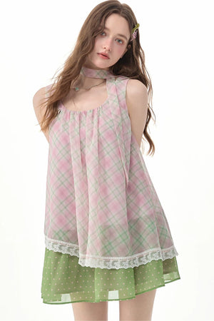 Pink Plaid Lace Trim Camisole Dress
