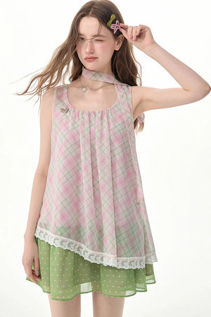 Pink Plaid Lace Trim Camisole Dress