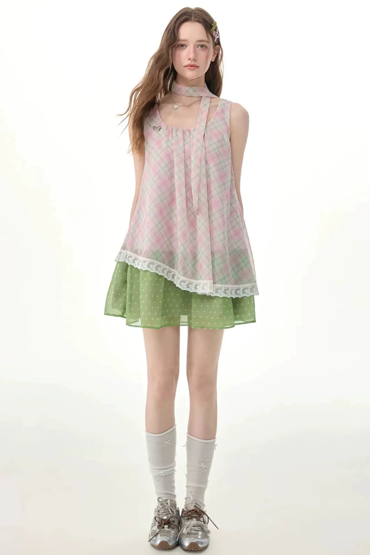 Pink Plaid Lace Trim Camisole Dress