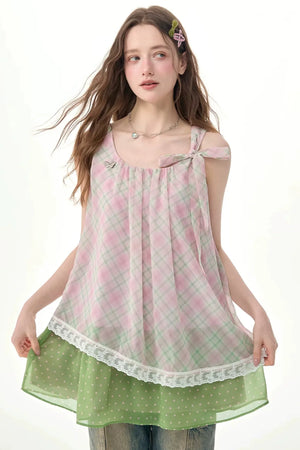 Pink Plaid Lace Trim Camisole Dress
