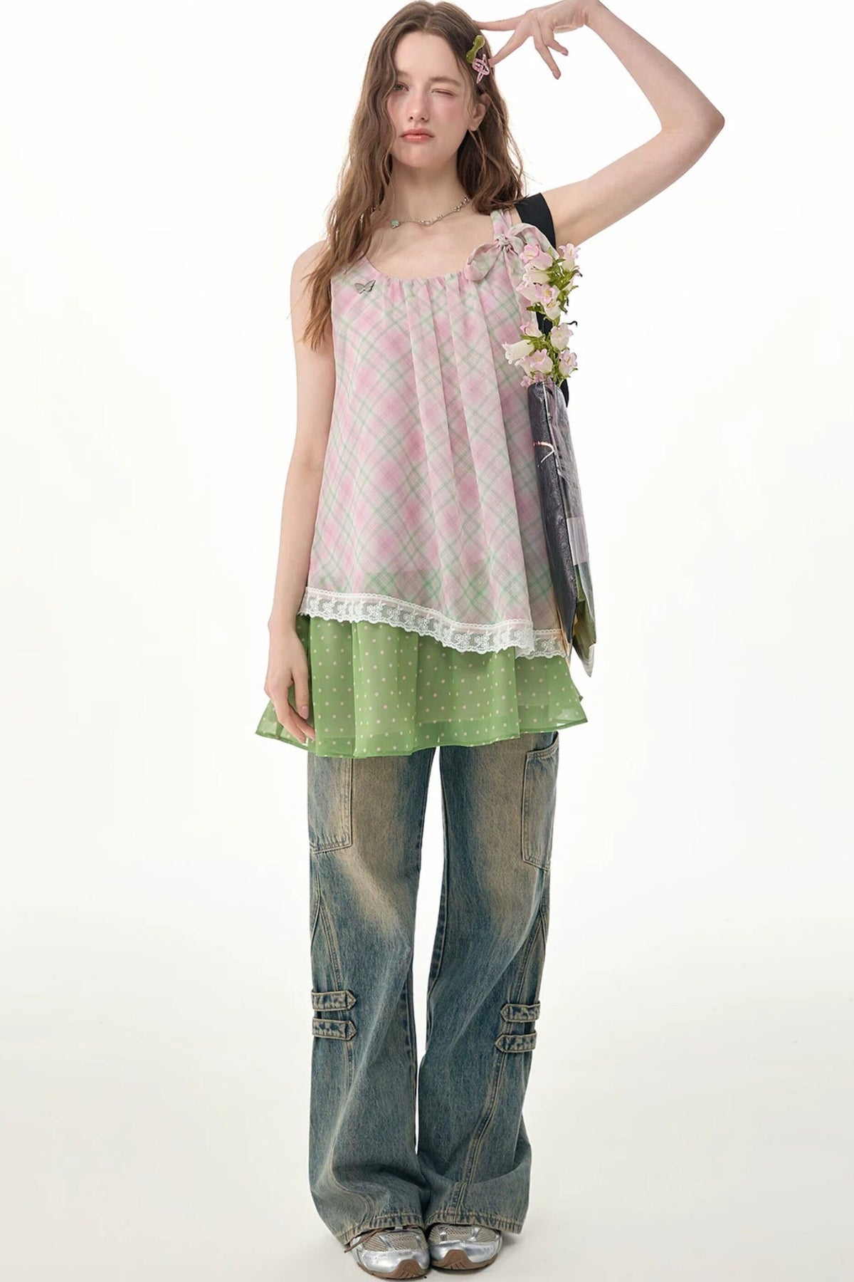 Pink Plaid Lace Trim Camisole Dress