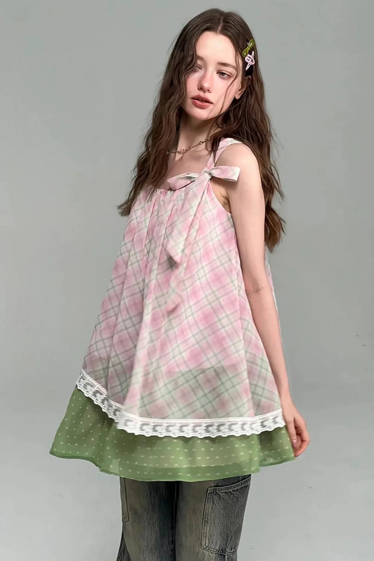 Pink Plaid Lace Trim Camisole Dress