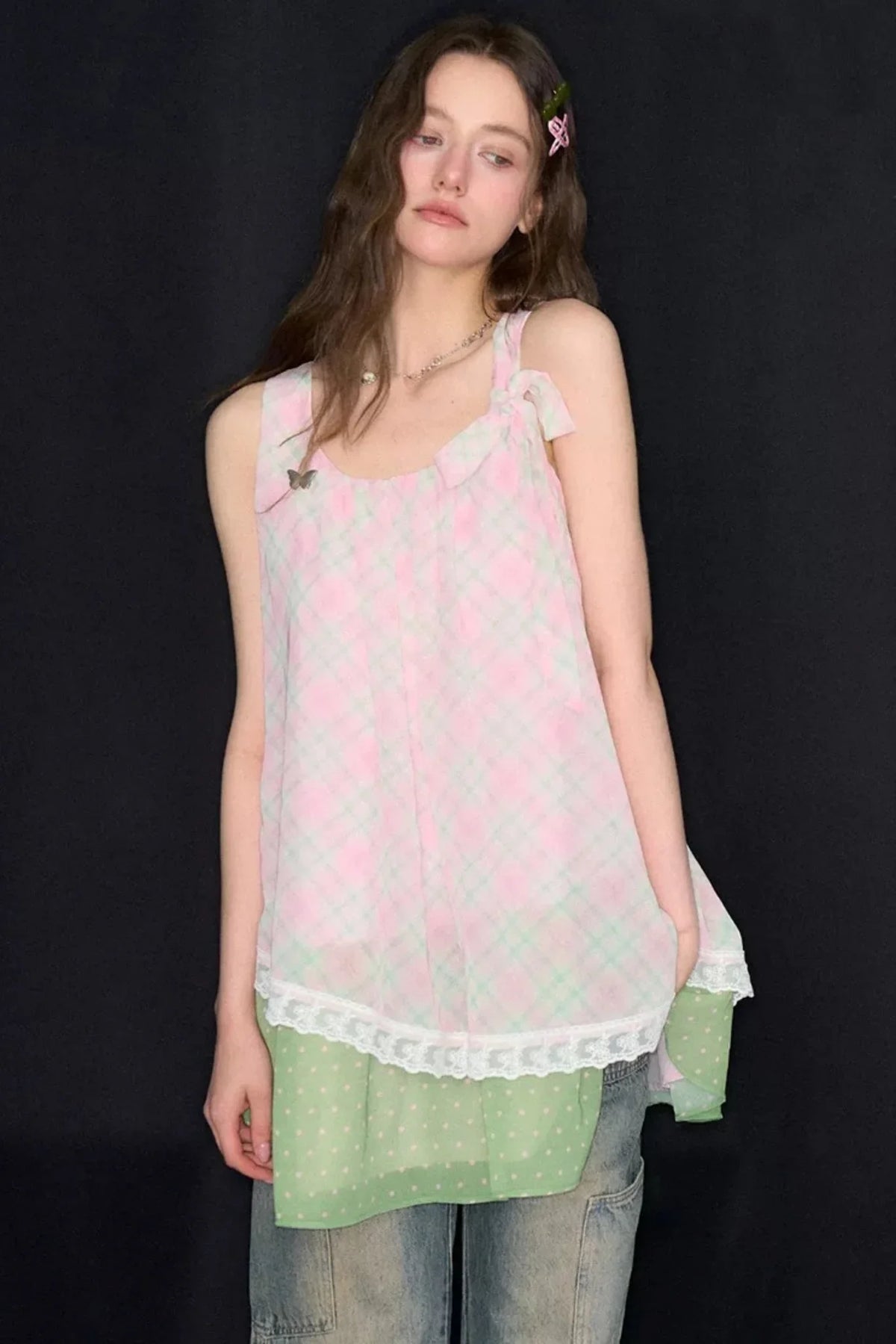 Pink Plaid Lace Trim Camisole Dress