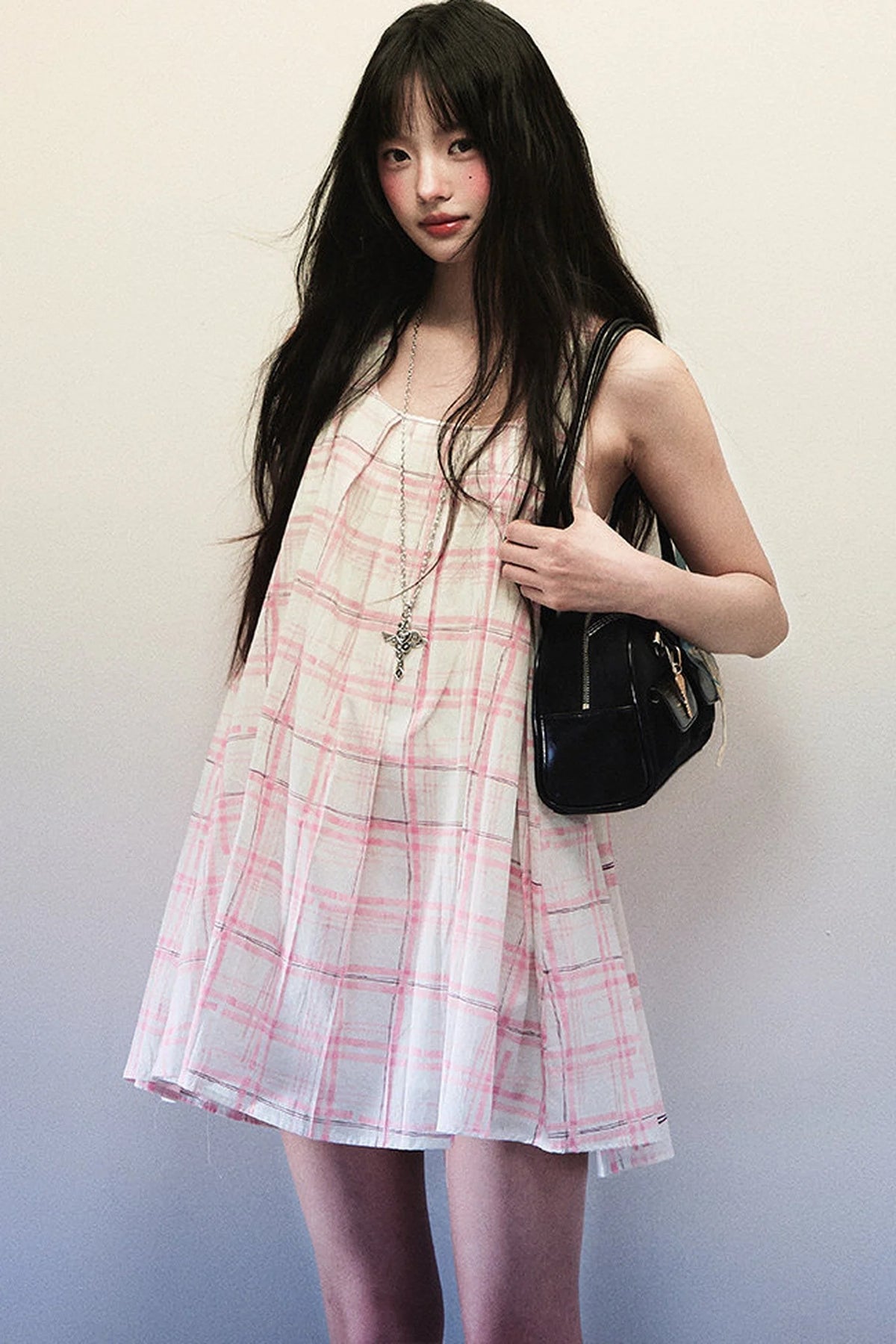 Pink Plaid Pleated Dress