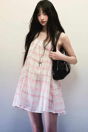 Pink Plaid Pleated Dress