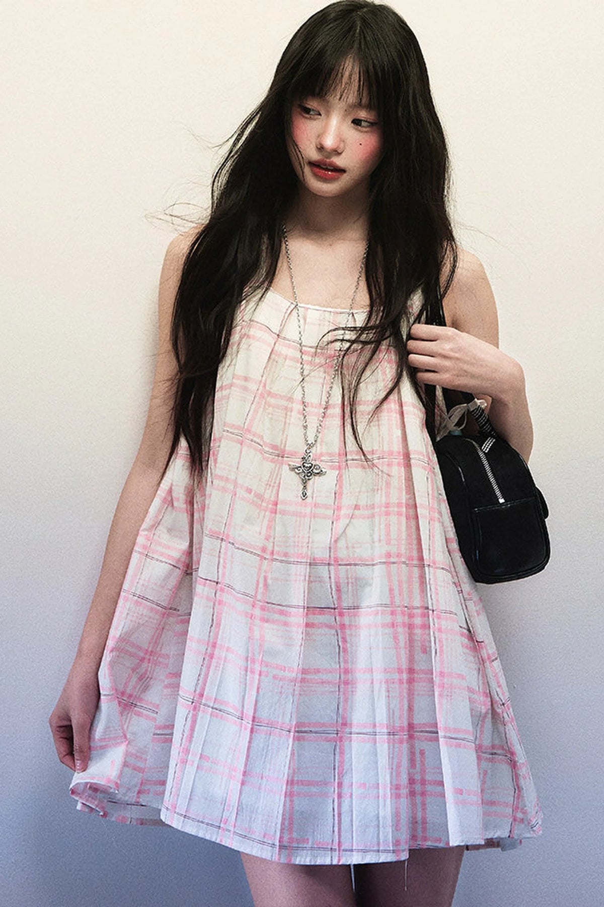Pink Plaid Pleated Dress