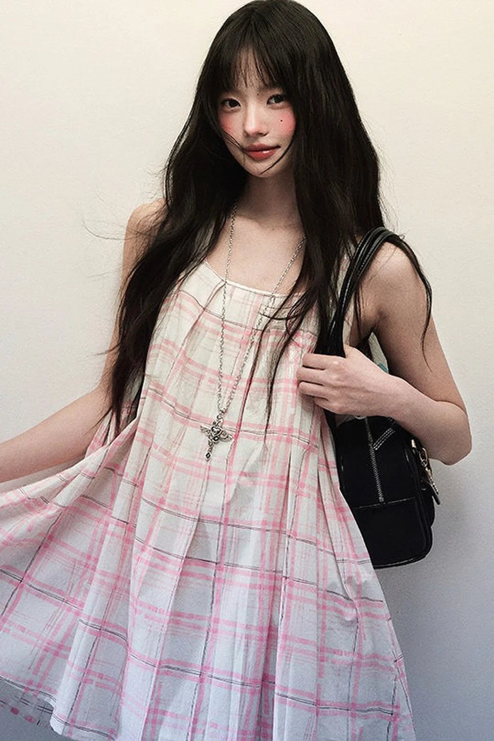Pink Plaid Pleated Dress