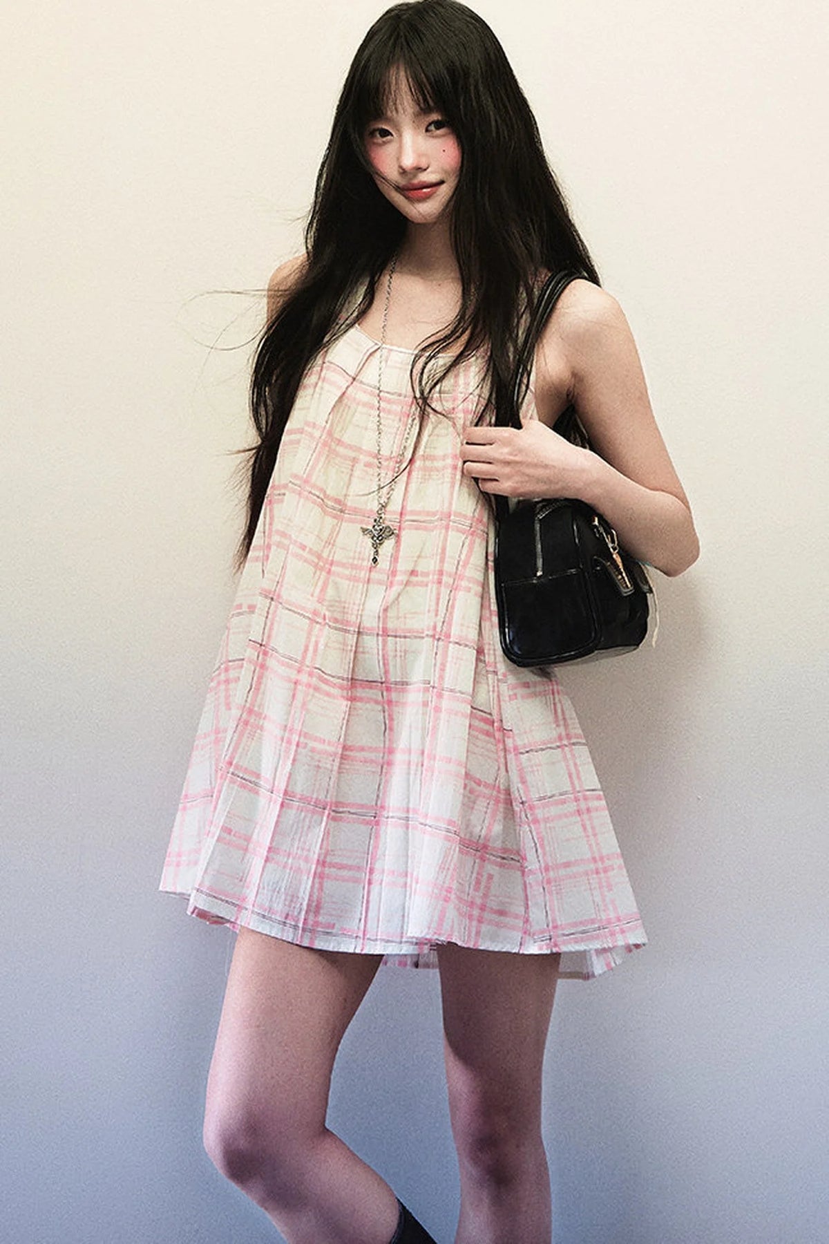 Pink Plaid Pleated Dress