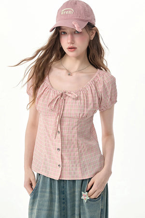 Pink Plaid Puff Sleeve Tie Front Top