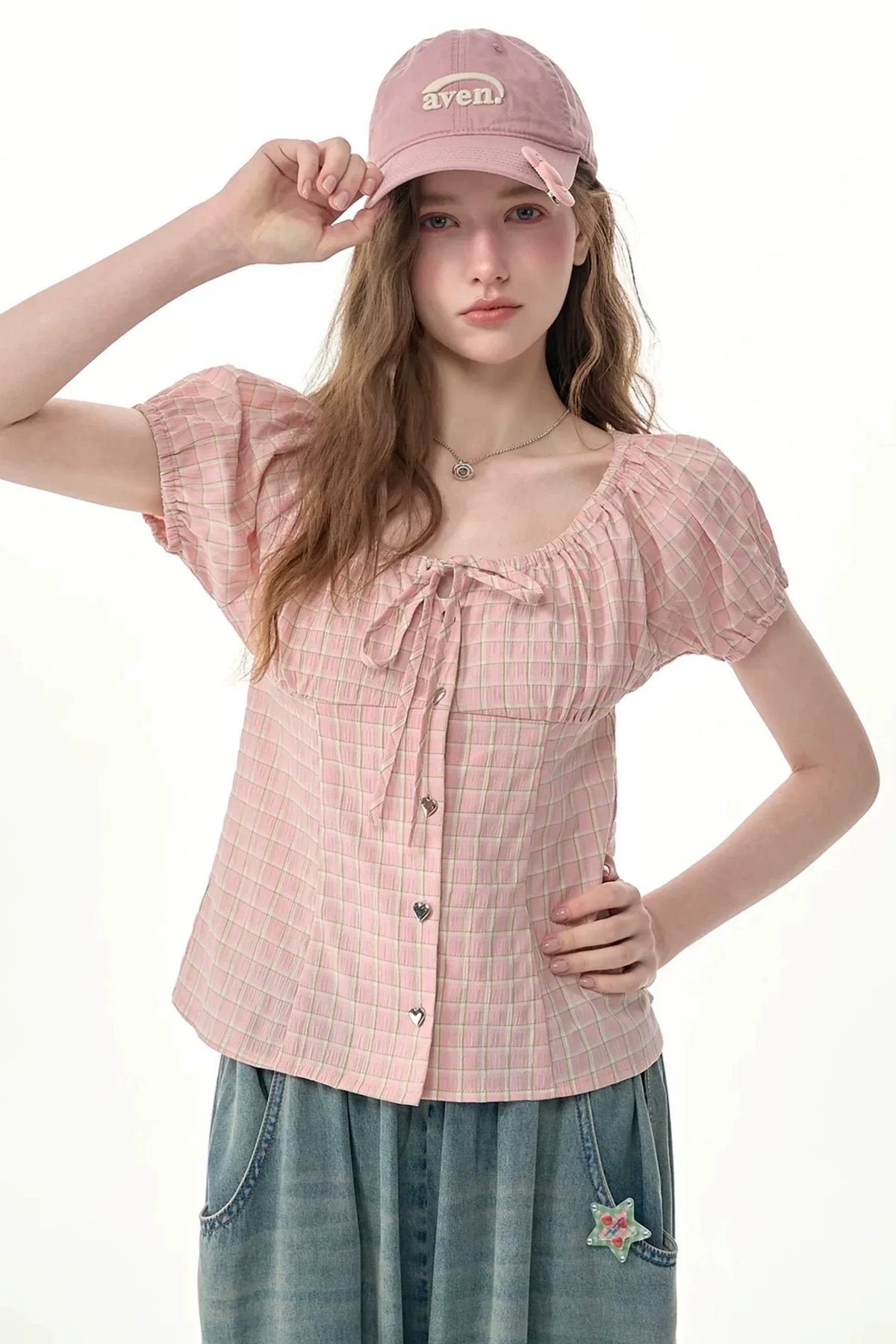 Pink Plaid Puff Sleeve Tie Front Top